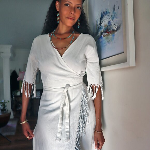 Organic White Boho Linen Wrap Dress w/ Fringe - Picture 2 of 5